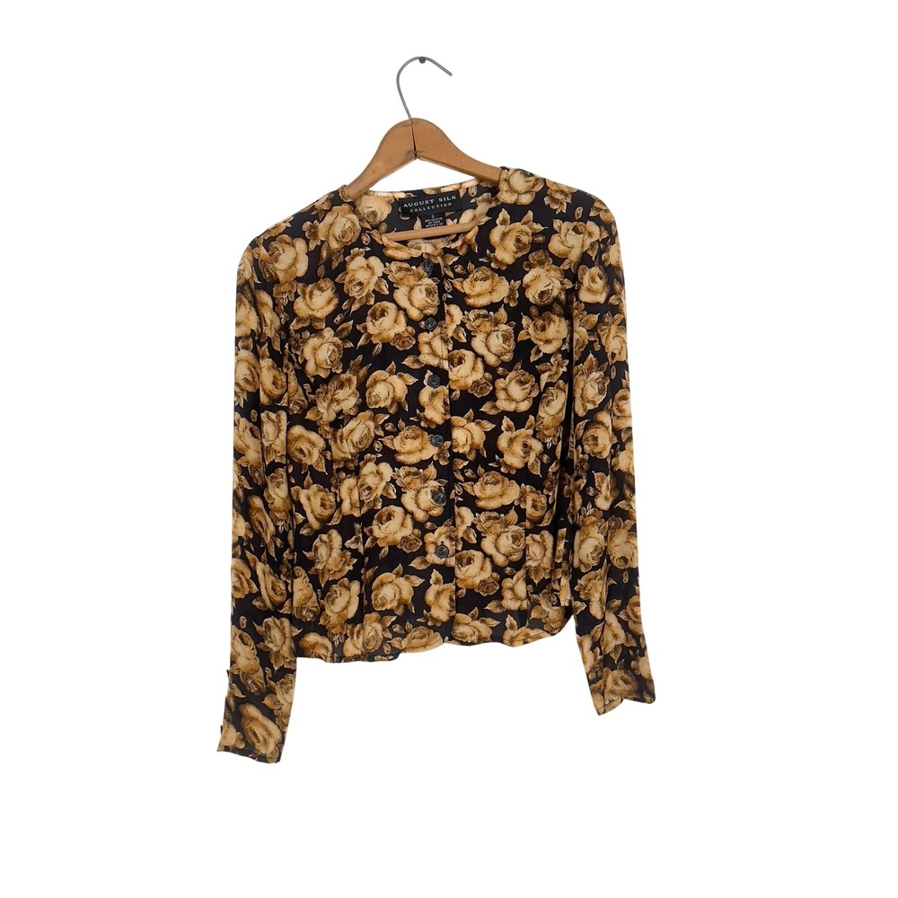 Vintage 90s August Silk 100% Silk Floral Blouse – Golden Roses on Black – Size S